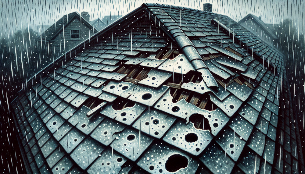 Illustration of a damaged roof with missing shingles and dents